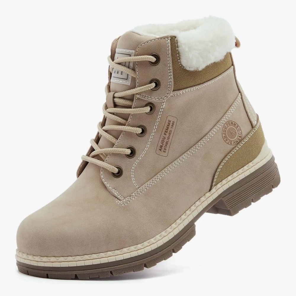 waterproof steak toe brand new Tan Lace-Up Ankle Boots with Faux Fur Lining